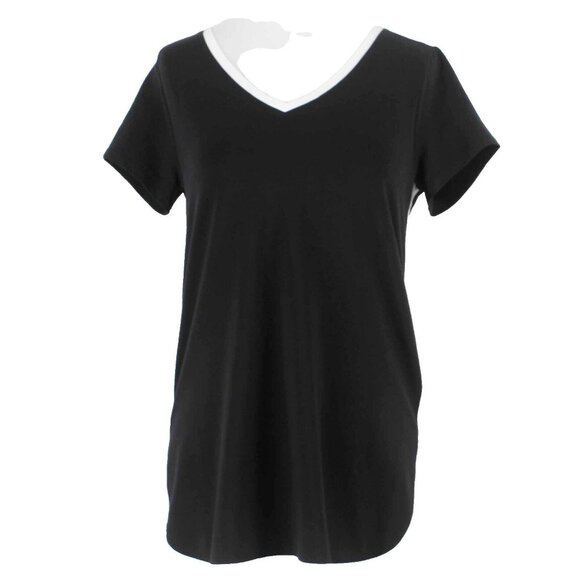 J Jill $59 Sz XS Black White V Neck Split Round Sides Cotton Blend Knit Top - Picture 1 of 6